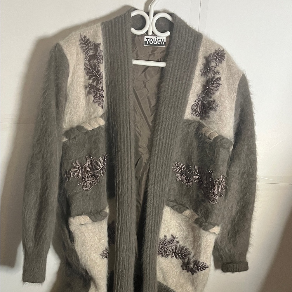 😄Vintage Angora blend plus size cardigan beads pockets